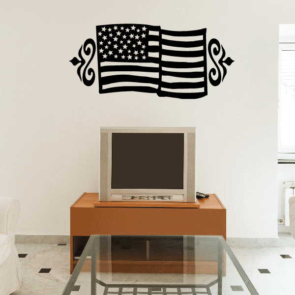 American flag decal with star banner, striped folds, and decorative scroll corners