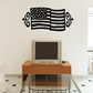 American flag decal with star banner, striped folds, and decorative scroll corners
