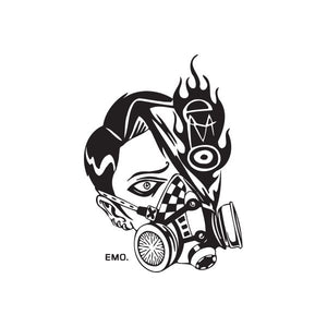Black and white graffiti gas mask decal with stylized face and flames