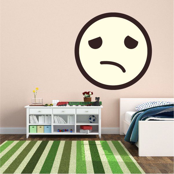 Vinyl wall decal of a sad emoticon face with arched frown and drooping eyes