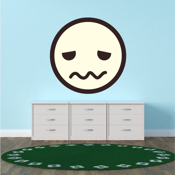Emoticon embarrassed face wall decal with sad mouth in a dark circle outline