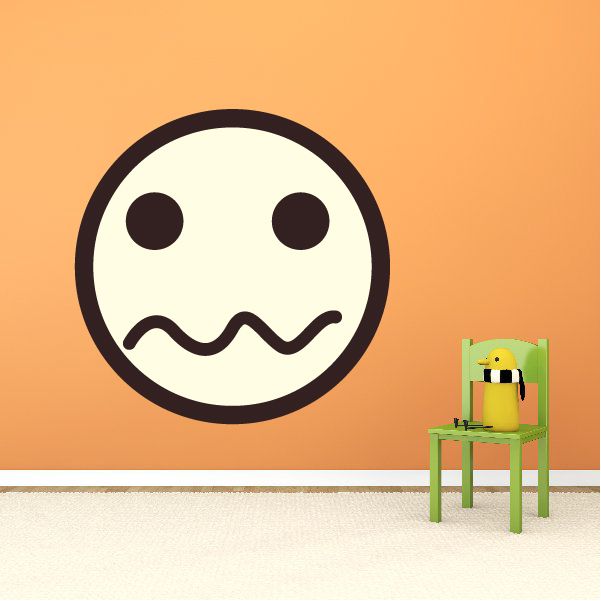 Scared face emoticon vinyl wall decal with round pale face and dark outline
