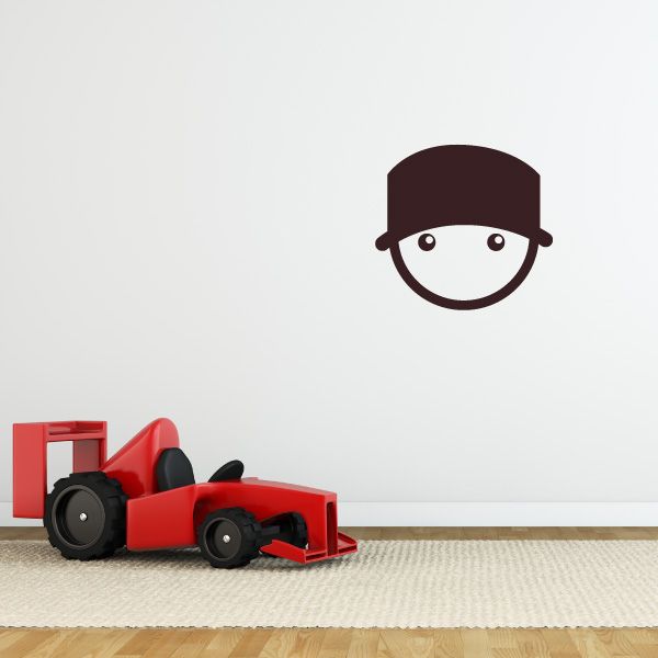 Emoticon wall decal of a maroon-capped face with white eyes and black outline
