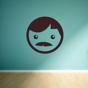 Angry emoticon wall decal, circular design with light blue face and maroon outline