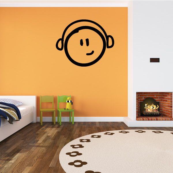 Smiling doodle face vinyl wall decal with headphones, black and yellow