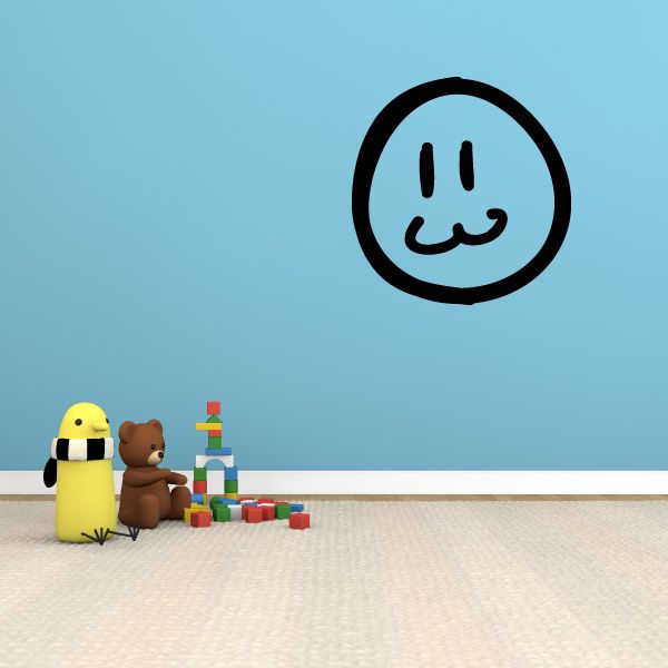 Vinyl wall decal: black circular smiley face with raised hands