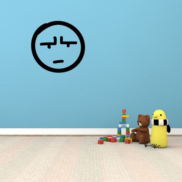 Vinyl wall decal with black circular doodle face, frown and arms.
