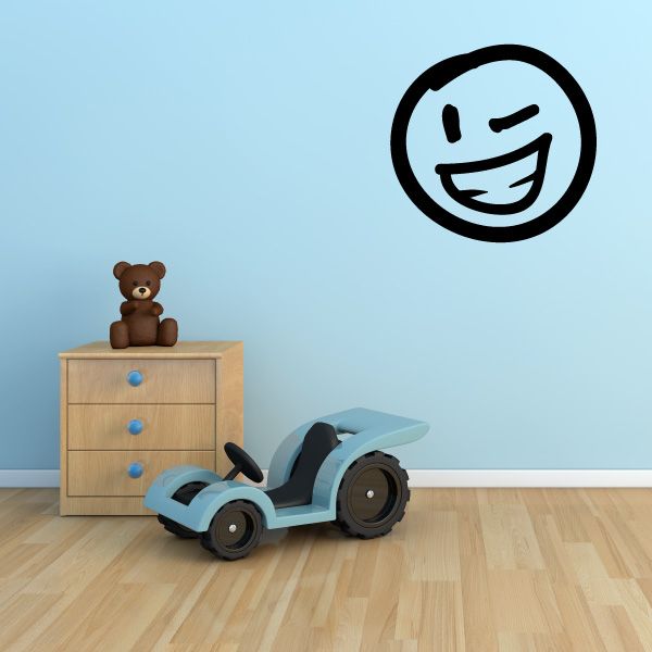 Black circular smiley vinyl wall decal with wink and squiggly mouth