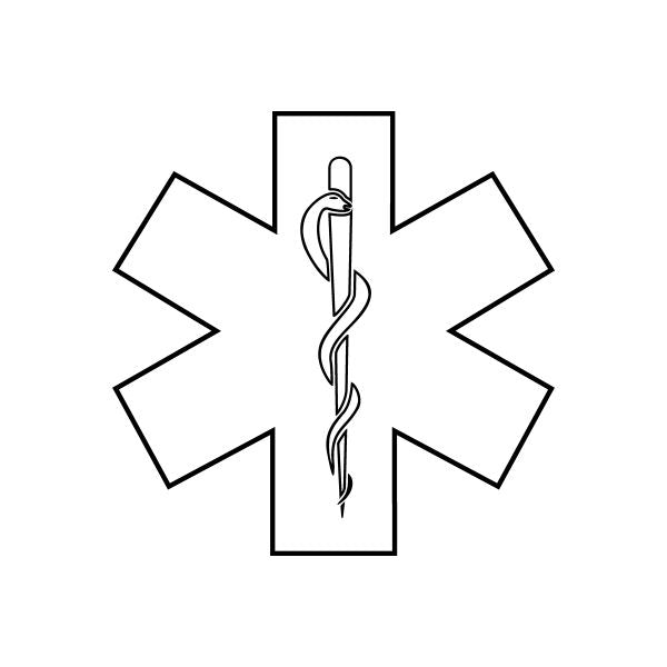Emblem decal with black caduceus-style cross symbol