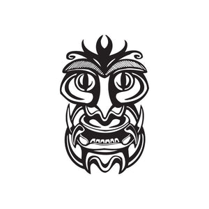 Black tribal tiki face decal with ornate swirl details and flame headdress
