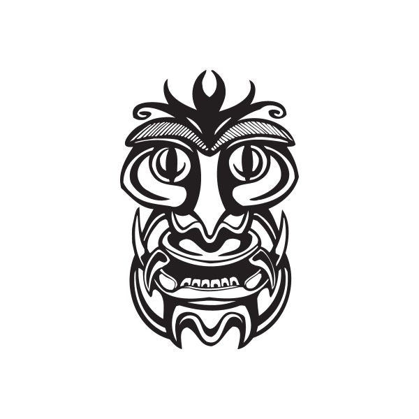Black tribal tiki face decal with ornate swirl details and flame headdress