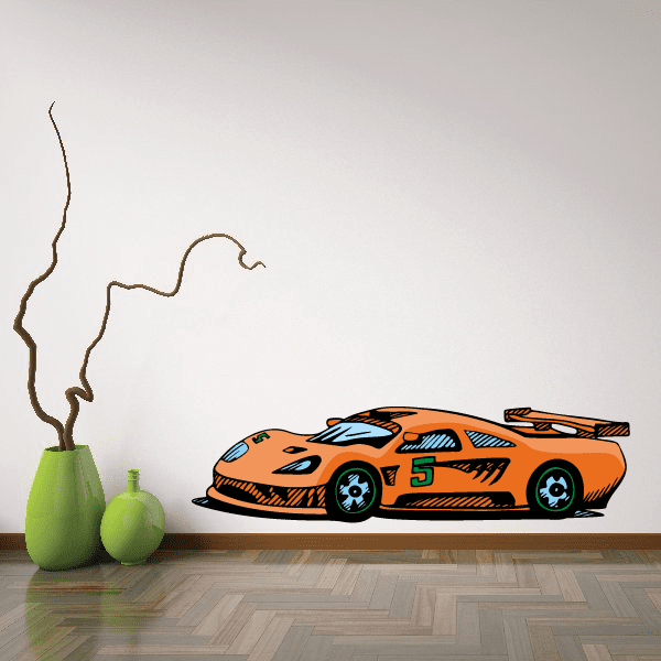 Car sticker with orange racing car illustration