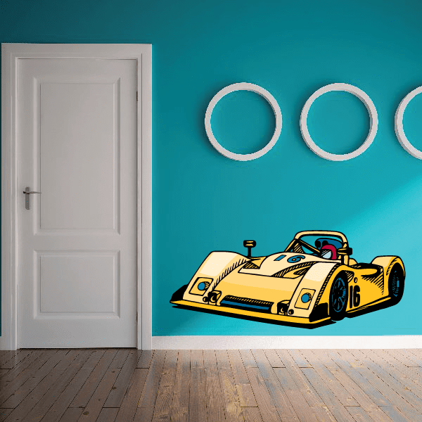 Yellow race car sticker with black number 16