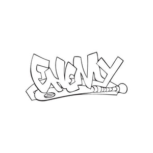 Graffiti decal sticker with bold outlined letters and small emblem accents