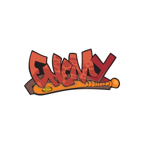 Graffiti sticker with bold red and orange lettering and a cartoon bat