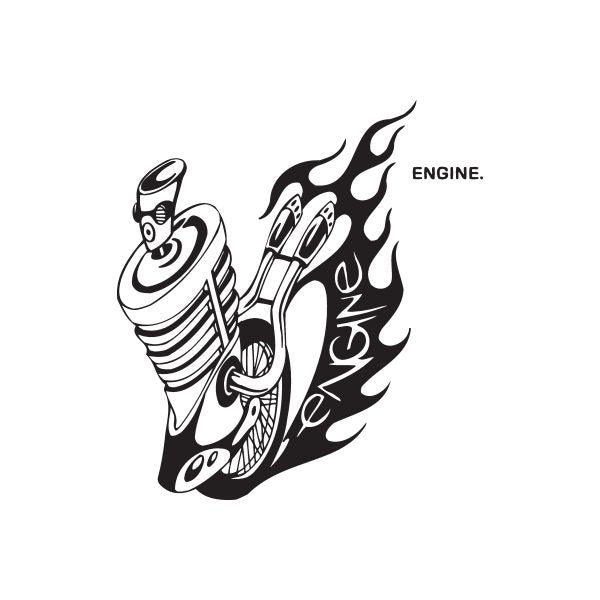 Engine graffiti decal with flaming engine graphic and ENGINE. text, black/white