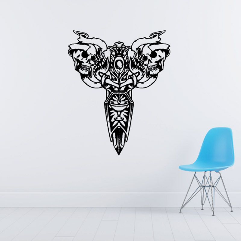 Motorcycle decal of skull engine with winged skull heads and banner accents, black on white