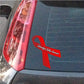 Awareness ribbon vinyl sticker with red ribbon and black script text