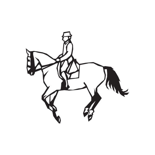 Equestrian horse vinyl wall decal, black line-art rider on galloping horse