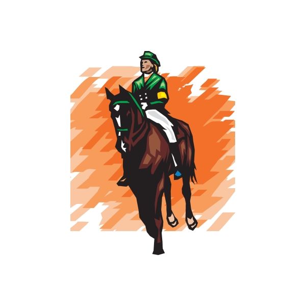 Equestrian horse and rider vinyl wall decal, dark horse with green riding outfit