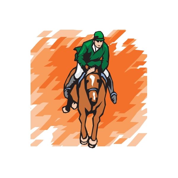 Equestrian horse wall decal sticker: rider in green with brown horse and lightning design