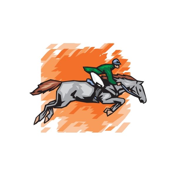 Equestrian horse decal: gray horse with green rider, orange geometric background