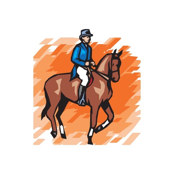 Equestrian rider on brown horse vinyl wall decal, orange geometric burst background