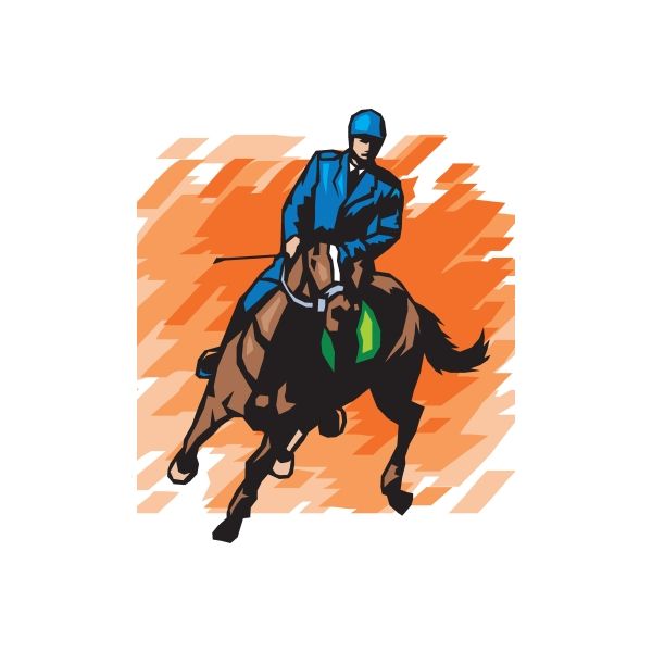 Equestrian horse wall decal: blue-hood rider on brown horse, die-cut vinyl sticker