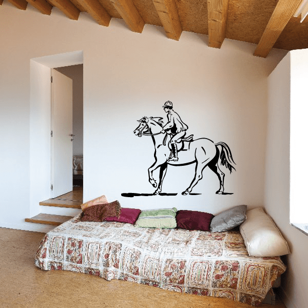 Equestrian rider decal with black outline of a rider on a horse
