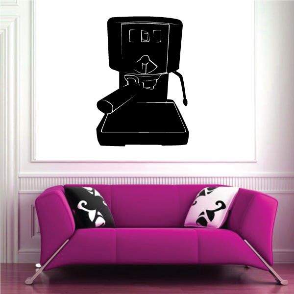 Black espresso machine wall decal with outlined control panel and steam icon