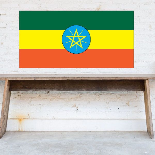 Ethiopia flag sticker with green, yellow, red bands and blue emblem circle