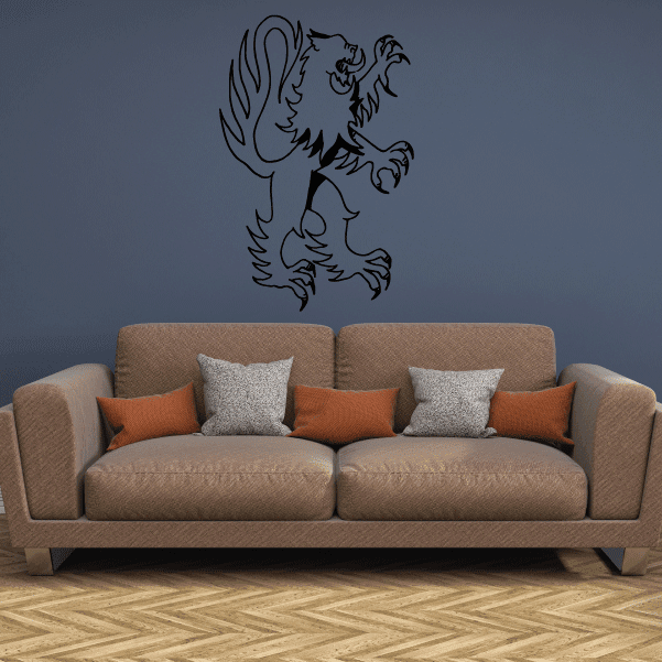 Lion outline decal with roaring face and mane, dark outline on wall