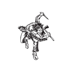 Native American warrior decal, black line art holding tomahawk