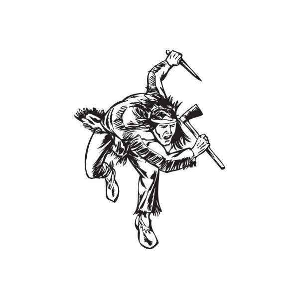 Native American warrior decal, black line art holding tomahawk