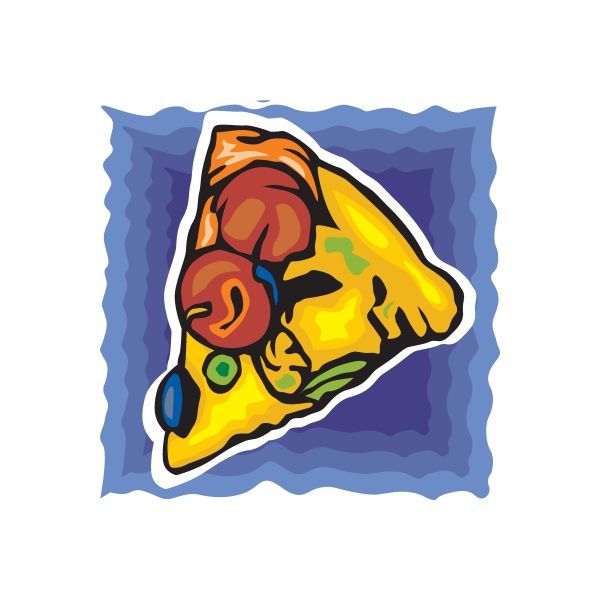 Pizza slice sticker with colorful toppings and orange crust
