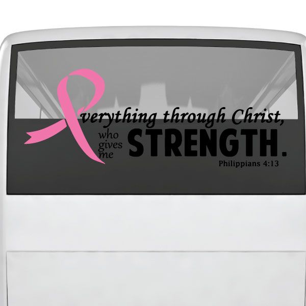 Religious decal with pink ribbon and text “Strength” Philippians 4:13