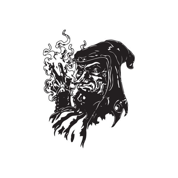 Evil wizard casting decal: black ink hooded figure with swirling smoke and clawed hand