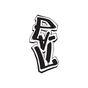 Evil graffiti decal, bold black and white letter design