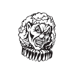 Clown head decal with black-and-white wicked clown face and curly hair