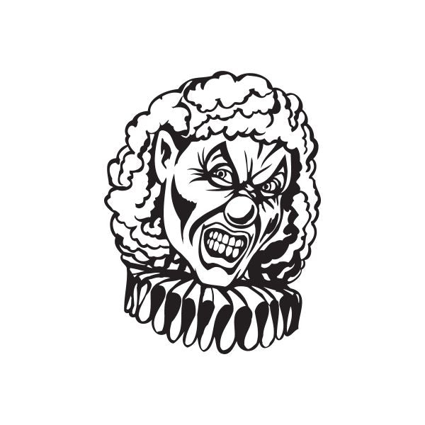 Clown head decal with black-and-white wicked clown face and curly hair