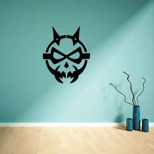 Evil minion mask decal, black skull face with crossed goggles and sharp teeth
