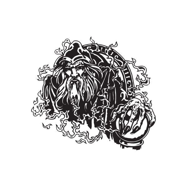 Runic wizard decal with dark-skull face and swirling flame-like symbols, black outline