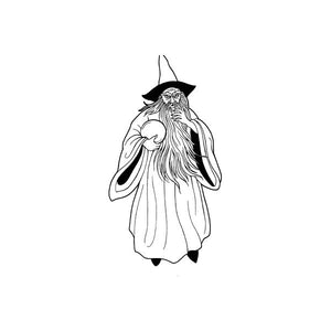 Wizard with crystal ball decal in black and white line art