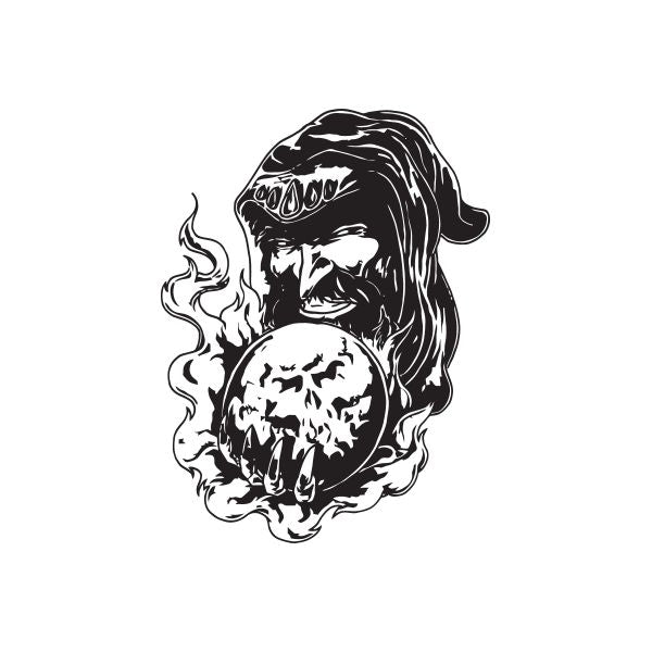 Evil wizard crystal ball decal with skull-filled globe, black vinyl-style graphic