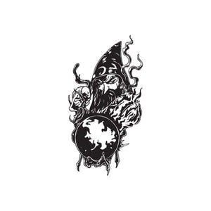 Evil wizard wall decal with flames and globe, black outline