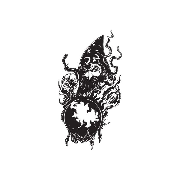 Evil wizard wall decal with flames and globe, black outline