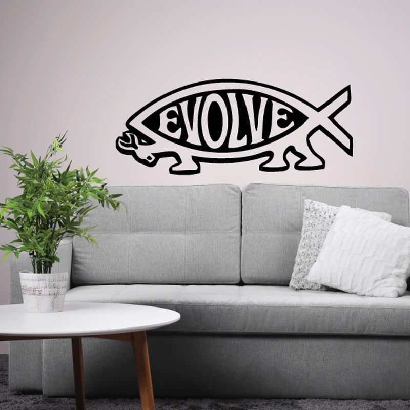 Evolve fish wall decal with black outlined fish and word 'EVOLVE'