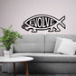 Evolve fish wall decal with black outlined fish and word 'EVOLVE'