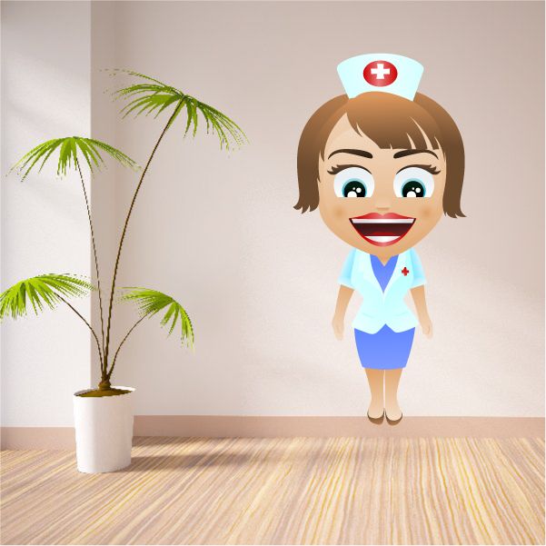Cartoon nurse sticker with red cross cap, smiling face, blue scrubs outfit