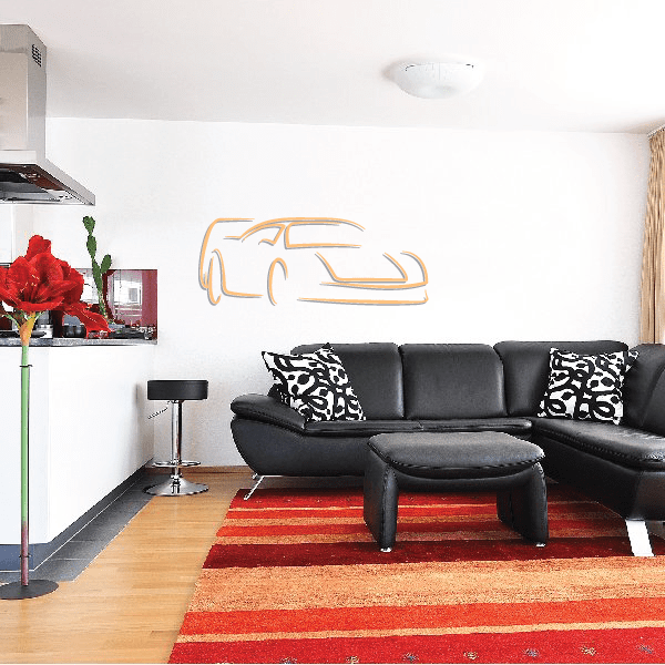 Car line drawing wall sticker decal with orange outline, side profile